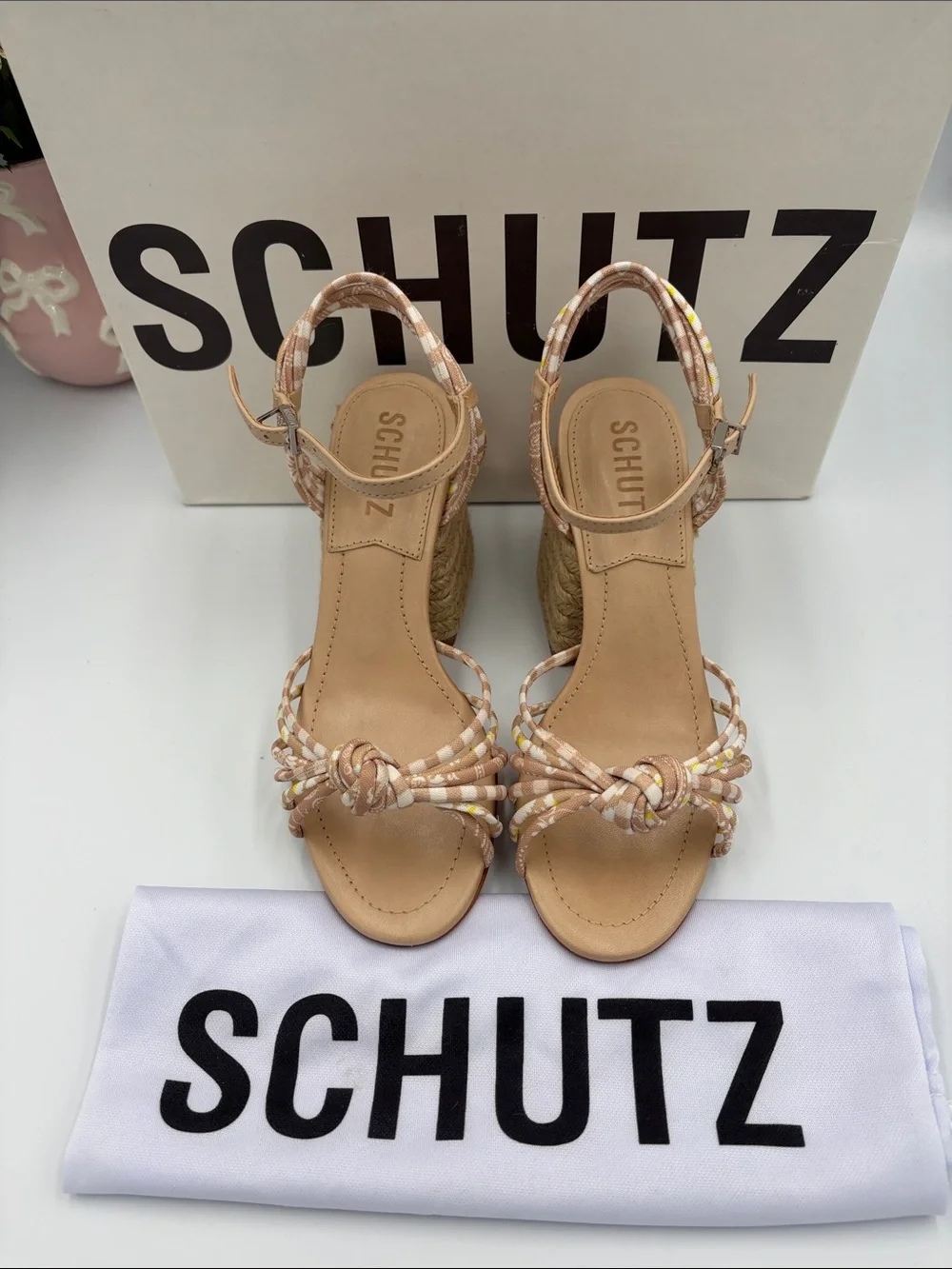 SCHUTZ Tan Sandal with Multicolor Braided Straps